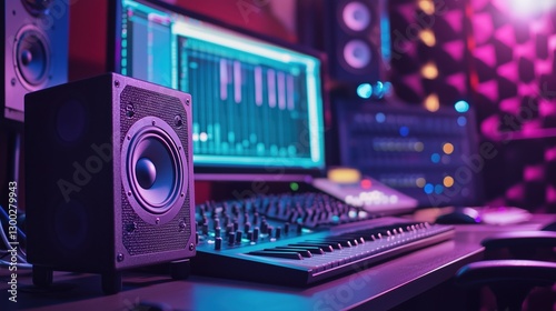 Modern Music Production Studio with Speakers, Mixing Console, and Digital Audio Workstation