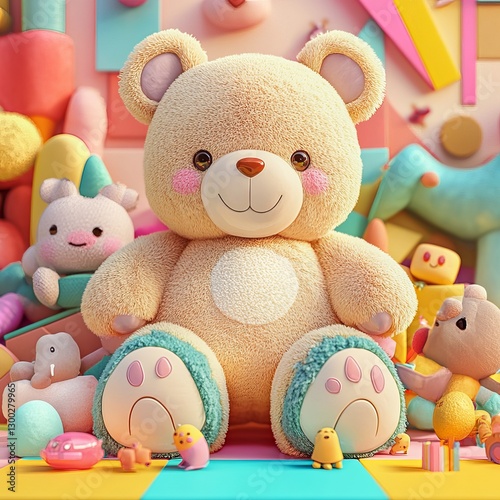 The Teddy Bear Wonderland: A cute teddy bear surrounded by playful toys in a whimsical, colorful wonderland setting, invoking joy and childhood nostalgia.
