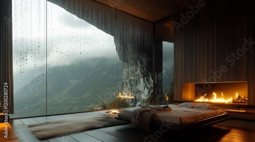 Modern Mountain Interior with Rain View and Fireplace