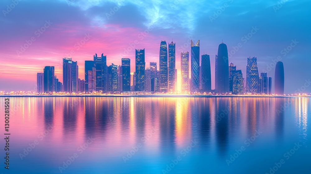 Obraz premium Stunning City Skyline Reflected on Water at Dusk with Vibrant Colors