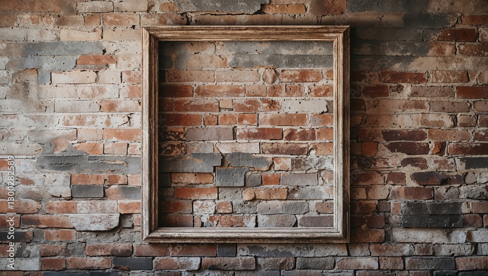 Naklejka premium Empty frame on brick wall background. Wood frame hanging on old bricks in colors of brown, gray, and tan, creating rustic backdrop.