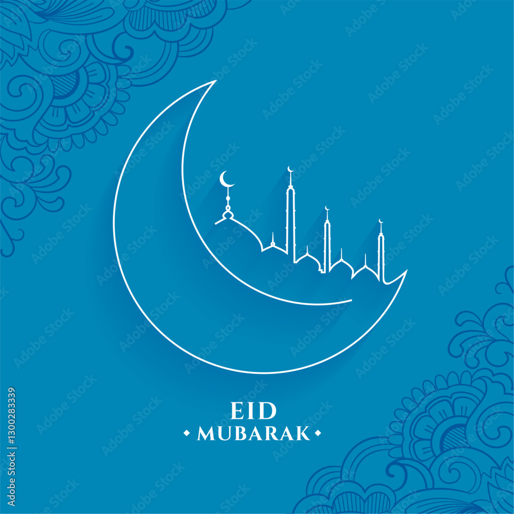 eid mubarak blue background with lineart mosque and moon