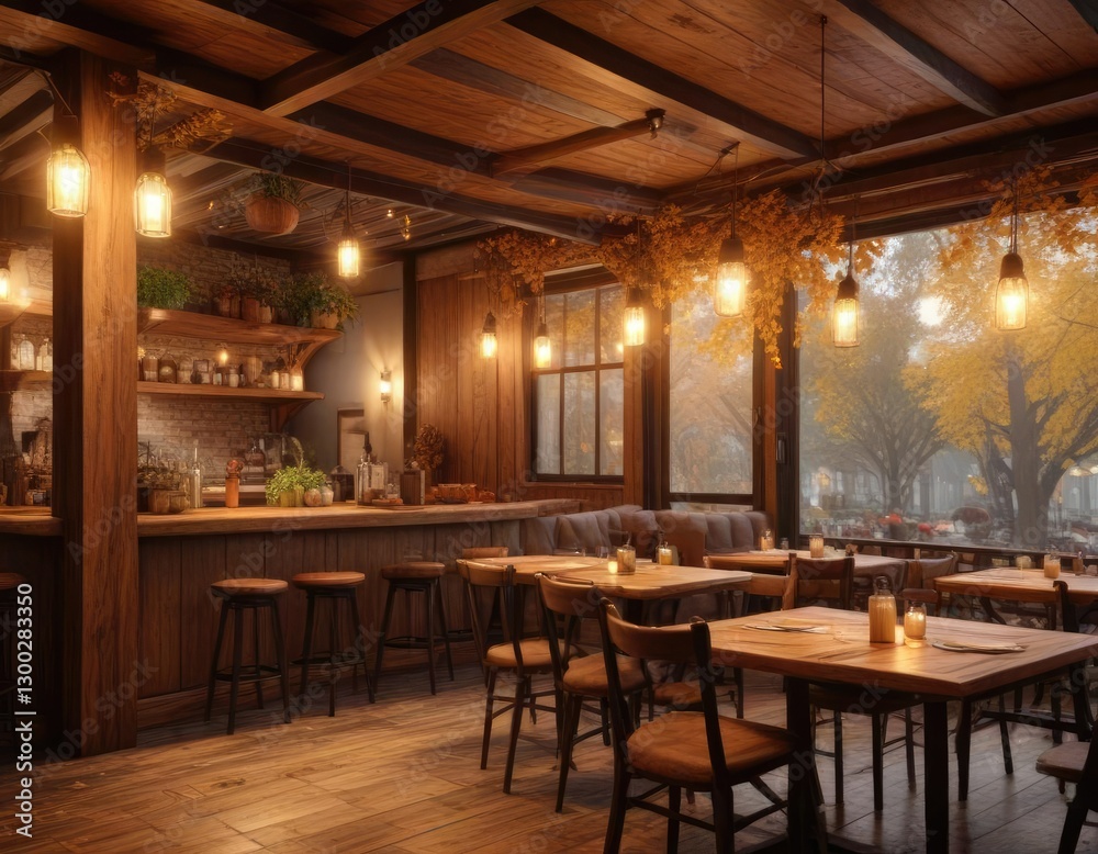 Fototapeta premium Cozy autumn cafe with warm lighting and wooden decor, cozy atmosphere, inviting ambiance, rustic charm