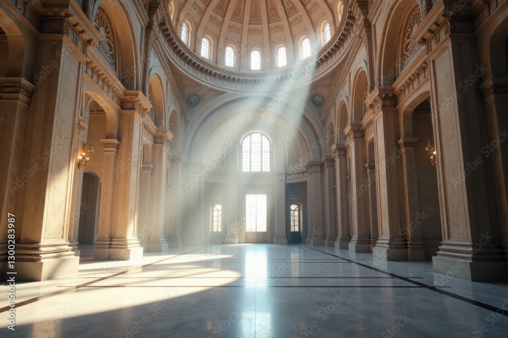Fototapeta premium Sunlit Grandeur A Serene Interior of an Elegant Hall with Classical Architecture and Domed Ceiling