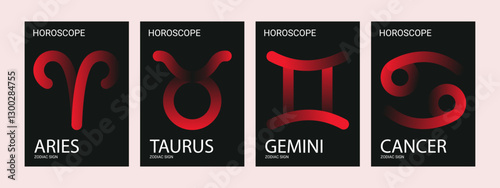 Zodiac signs red and black. Collection of astrology posters with 70s color gradient. Set of retro wall decorations for interior, banner or cover. Aries, Taurus, Gemini and Cancer