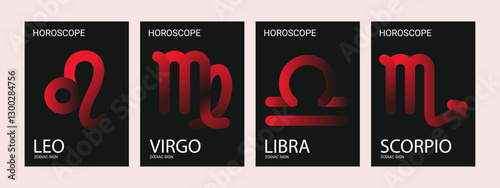 Zodiac signs red and black. Collection of astrology posters with 70s color gradient. Set of retro wall decorations for interior, banner or cover. Leo, Virgo, Libra and Scorpio.