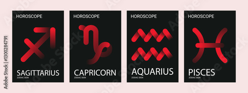 Zodiac signs red and black. Collection of astrology posters with 70s color gradient. Set of retro wall decorations for interior, banner or cover. Sagittarius, Capricorn, Aquarius and Pisces