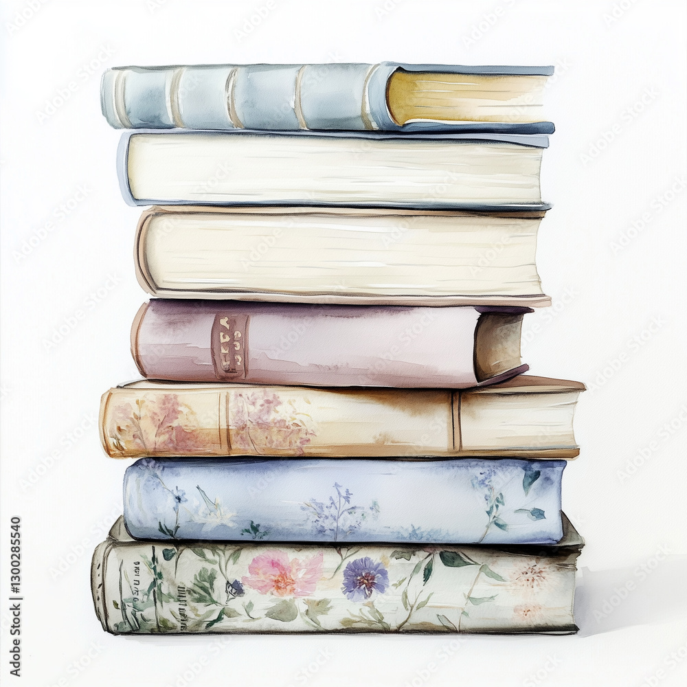 Fototapeta premium stack of books, delicate watercolor illustrationб perfect for book-themed prints, educational materials, and literary-inspired decor