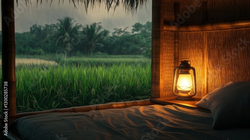 Warm Lantern Light Illuminates Cozy Bamboo Hut Bed at Night, Overlooking Lush Green Rice Paddy Field During Rain