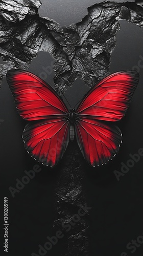 Red butterfly on dark rock texture