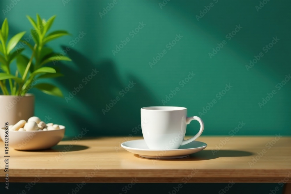 Obraz premium A serene morning scene featuring a cup of coffee on a light wood surface, accompanied by a small potted plant and a bowl of sweets, bathed in soft sunlight against a teal backdrop.