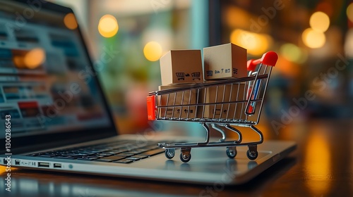 Miniature Shopping Cart on Laptop for Online Shopping, A miniature shopping cart with small boxes sits on a laptop keyboard
