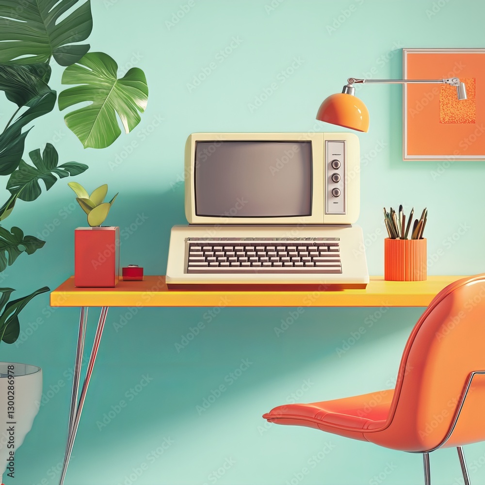 Fototapeta premium Vintage Workspace Aesthetic: A retro workspace with a vintage computer, desk and chair, plants, and lamp in a bright, stylized and vibrant setting.