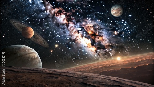 Deep Space Landscape with Distant Planets, galaxy, nebular, cosmic, planetary