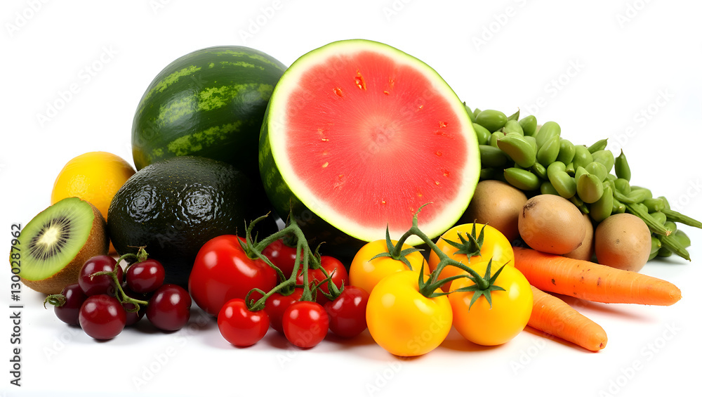 Fruits and vegetables isolated - Vibrant collection of assorted fruits and vegetables- ripe watermelon, avocados, cherries, red and yellow tomatoes; kiwifruit, plums, artichokes, carrots, limes Fruits and vegetables isolated - Vibrant collection of assorted fruits and vegetables- ripe watermelon, avocados, cherries, red and yellow tomatoes; kiwifruit, plums, artichokes, carrots, limes