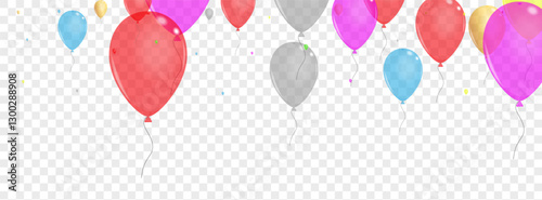 Green Helium Background Transparent Vector. Balloon Ceremony Template. Red Celebration. Bright Confetti. Toy Gift Set.