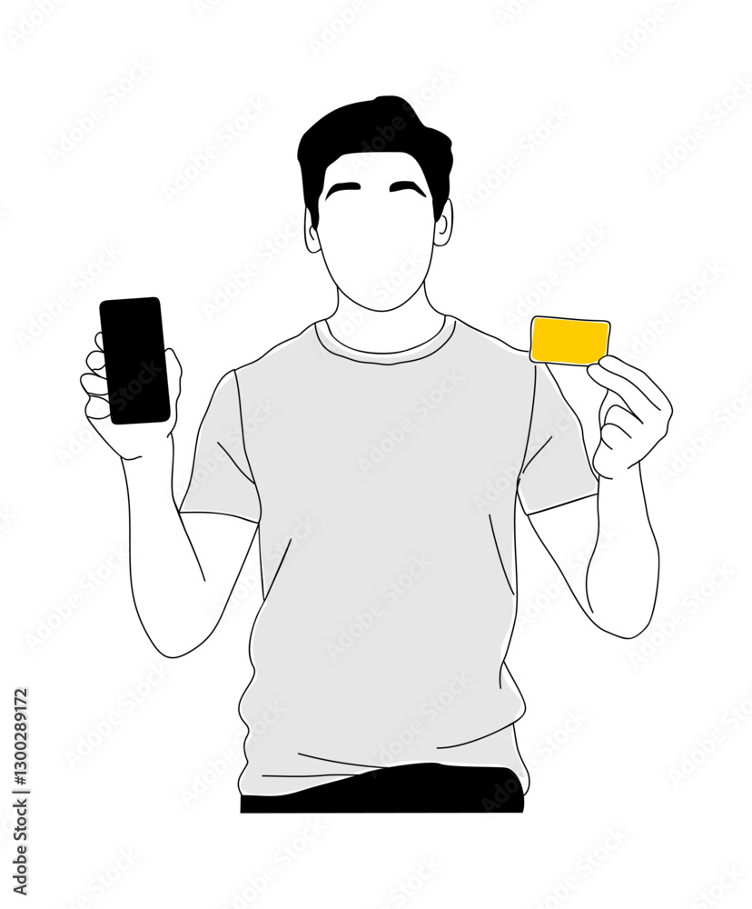 Young man standing and holding smartphone and credit card. Online payment and digital business concept.. Vector simple outline drawing for graphic, web design Isolated Young man standing and holding smartphone and credit card. Online payment and digital business concept.. Vector simple outline drawing for graphic, web design Isolated