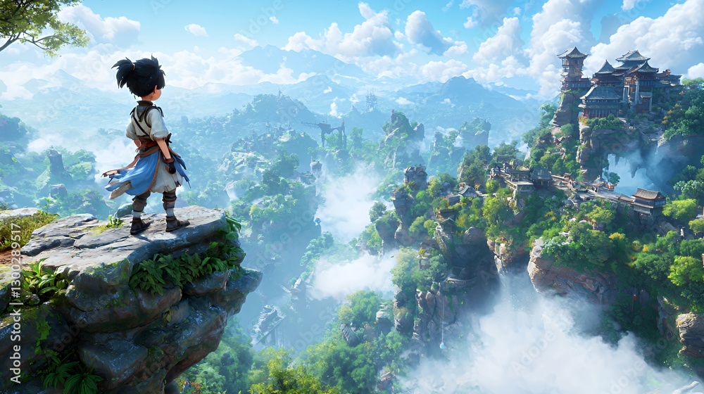 Young Boy Gazing at a Fantasy City from a Mountaintop Young Boy Gazing at a Fantasy City from a Mountaintop