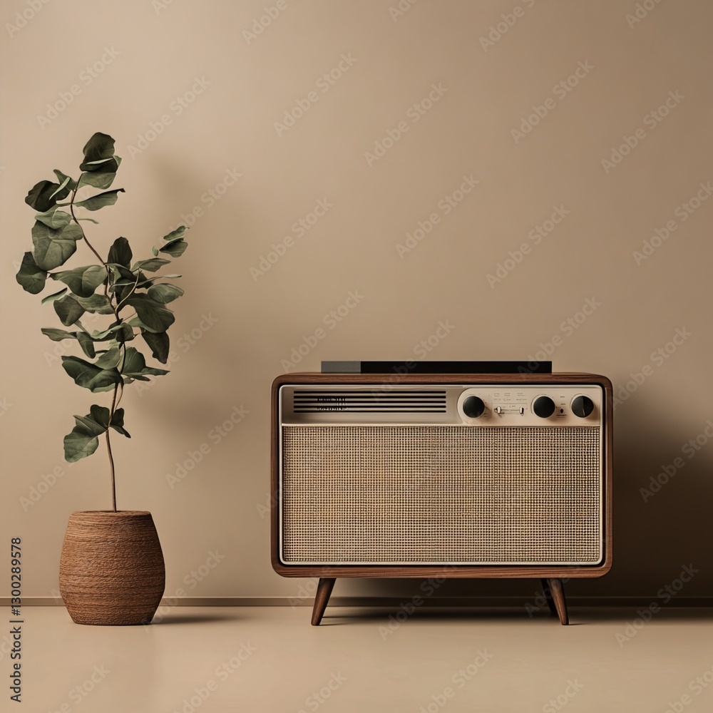 Retro Radio Harmony: A vintage radio, set against a neutral backdrop, creates a harmonious blend with a potted plant, evoking a sense of nostalgic serenity in a modern setting.