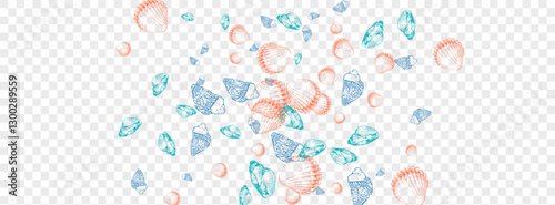 Navy Shell Background Transparent Vector. Shellfish Abstract Wallpaper. Cute Texture. Blue Seashell Cartoon Set. Orange Snail.