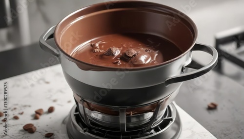 Double boiler with milk chocolate slowly melting, heat, sweet treat, chocolate melting