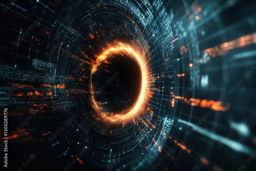 Obraz premium Digital vortex with glowing patterns and streaming data in a cosmic environment