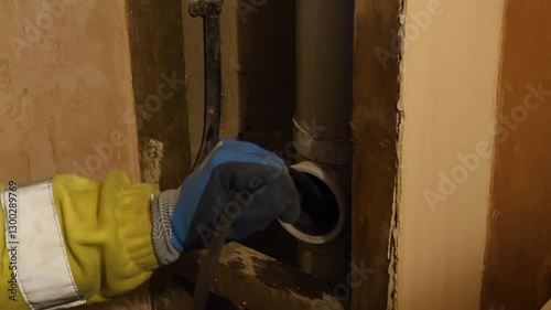 Plumber in yellow jacket pushing rod into internal vertical sewage soil pipe.