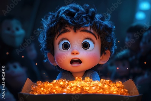 Young child discovers treasure in a dimly lit room filled with excitement and wonder
