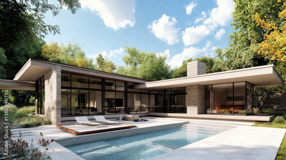 Fototapeta premium Modern Ranch House with Swimming Pool and Lush Greenery