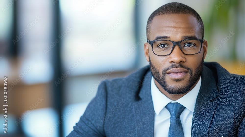 Fototapeta premium Financial literacy wealth knowledge building. Professional man in glasses, wearing a suit, looking confidently at the camera.