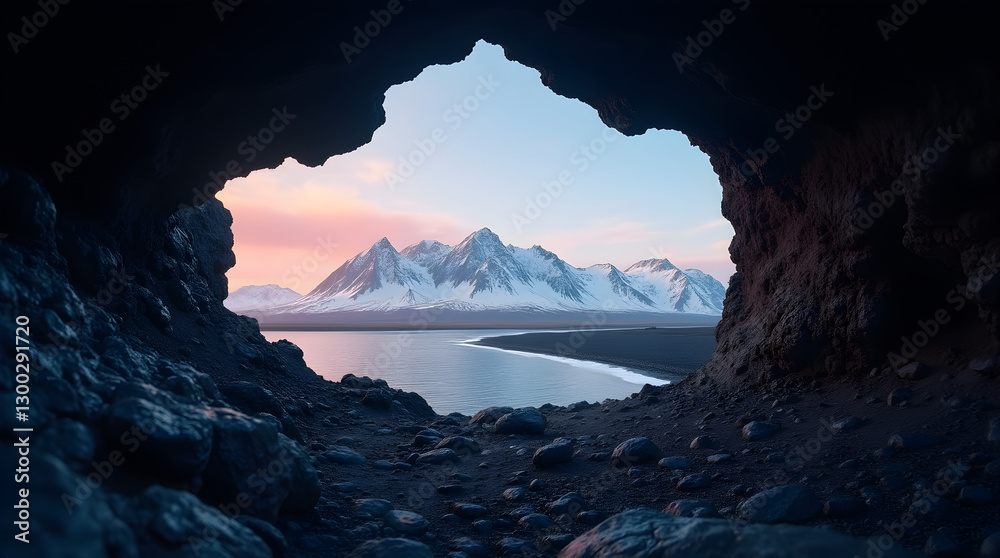 Fototapeta premium Breathtaking Cave View Snowy Mountain Range Volcanic Black Sand Beach Golden Sunrise Iceland