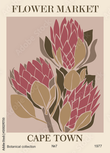 Abstract Flower Market Cape Town poster. Trendy botanical wall art with Protea floral design in danish pastel colors. Modern naive groovy funky interior decoration, painting. Vector art illustration.