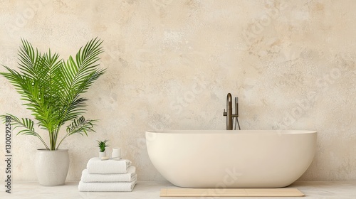 Elegant Modern Bathroom Interior with Bathtub, Towels, and Green Plants for Relaxation and Serenity