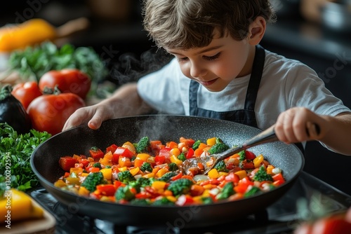 Child cooks healthy vegetable dish in a modern kitchen during midday with vibrant colors and playful atmosphere