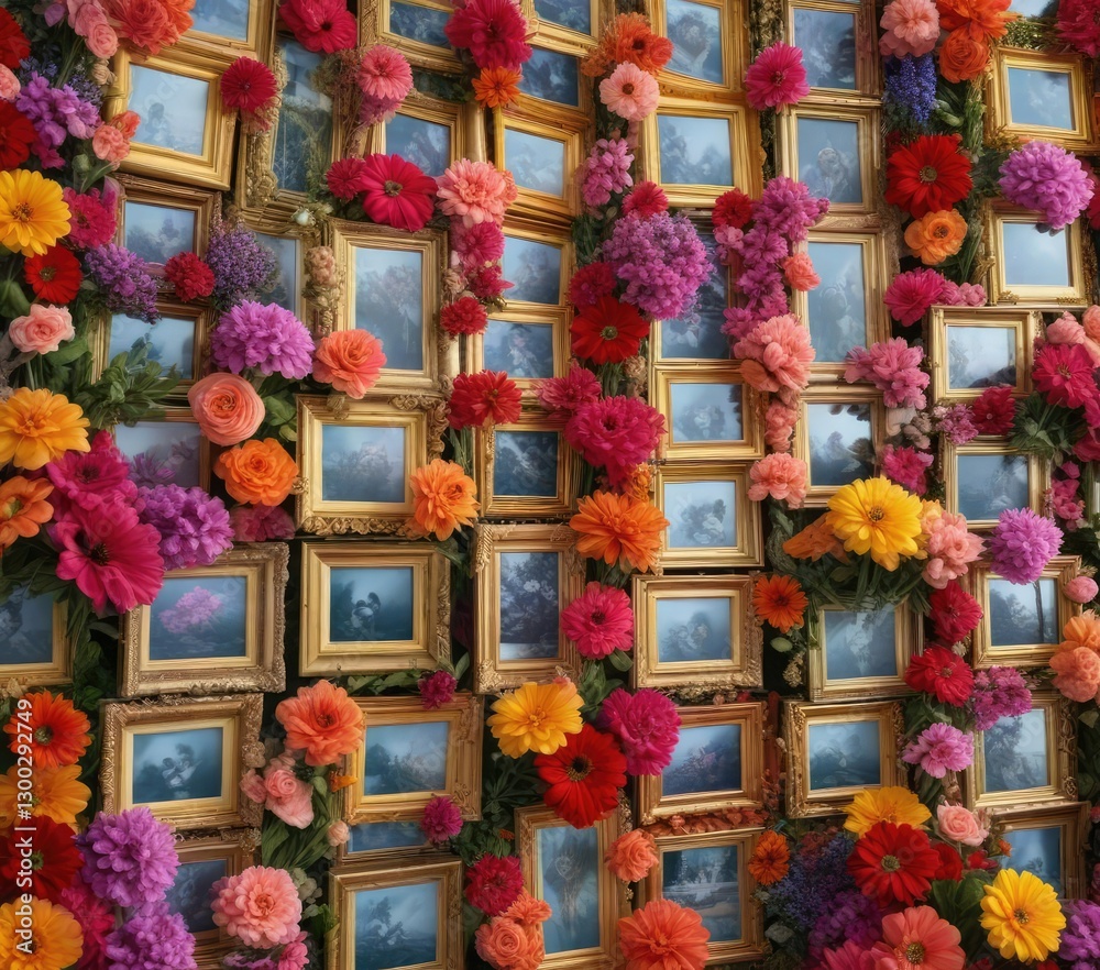Exquisite stack of small glass picture frames wrapped in an abundance of colorful floral arrangements, festive stacking, floral gift arrangements, elegant presents Exquisite stack of small glass picture frames wrapped in an abundance of colorful floral arrangements, festive stacking, floral gift arrangements, elegant presents