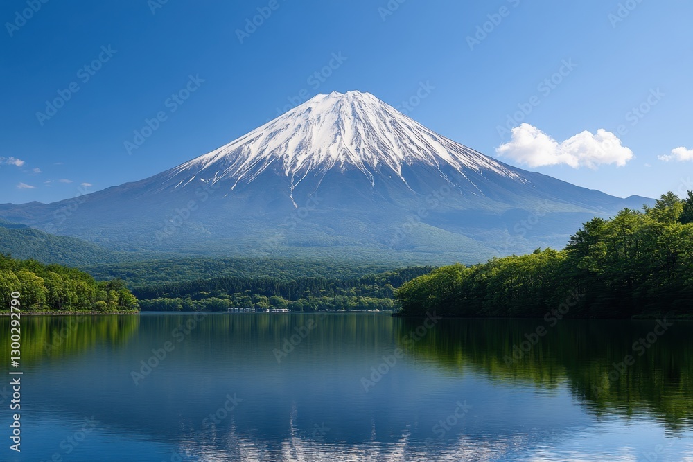 Mount Fuji reflects in calm waters beneath a clear blue sky during midday Mount Fuji reflects in calm waters beneath a clear blue sky during midday