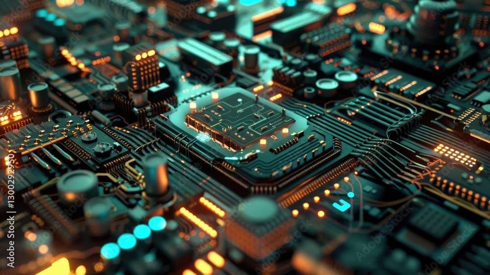 A detailed view of a futuristic circuit board showcasing innovative designs and generative elements, highlighting technology and digital processing in a vibrant layout. A detailed view of a futuristic circuit board showcasing innovative designs and generative elements, highlighting technology and digital processing in a vibrant layout.