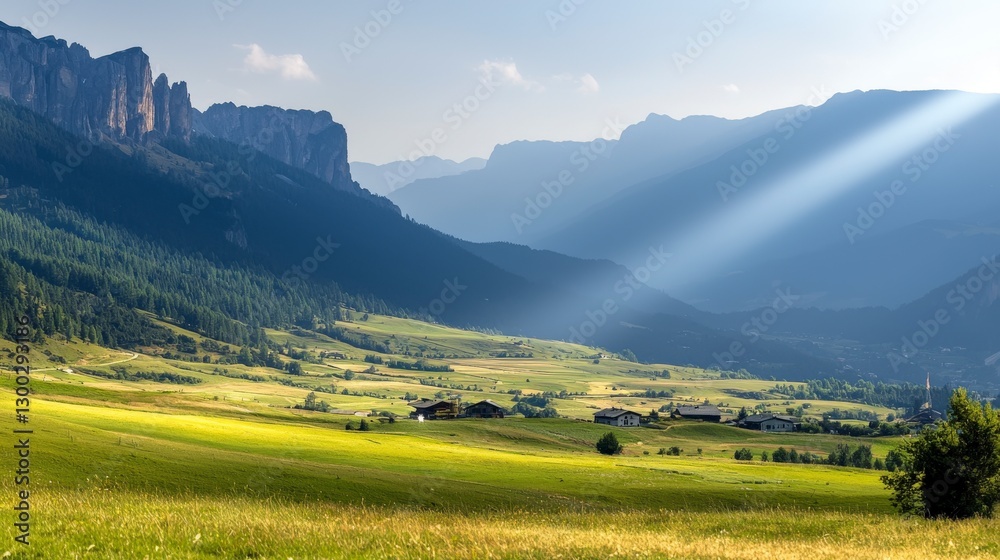 Obraz premium Serene Mountain Landscape with Lush Green Valley Under Dramatic Sky and Sunbeam