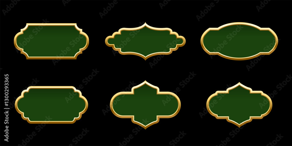 Fototapeta premium Islam frames. Ramadan ornaments. Arabian, Indian, Turkish decoration labels isolated on black. Collection of Muslim green frames of different shapes with gold border. Vector illustrations set.