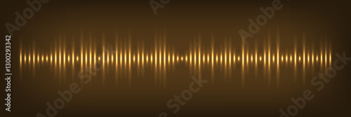 Gold sound wave with glowing light effect. Golden noise pulses curve line isolated on black. Music audio frequency, voice waveform, electronic radio signal, volume level. Abstract vector background.