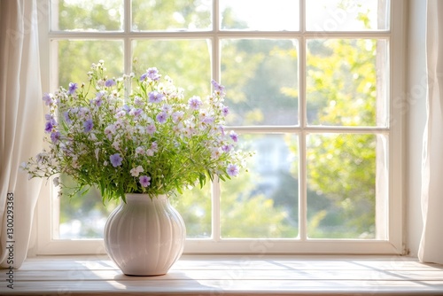 White vase with purple and white flowers sitting on a window sill, illuminating a bright window with natural light