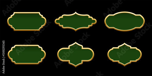 Islam frames. Ramadan ornaments. Arabian, Indian, Turkish decoration labels isolated on black. Collection of Muslim green frames of different shapes with gold border. Vector illustrations set.
