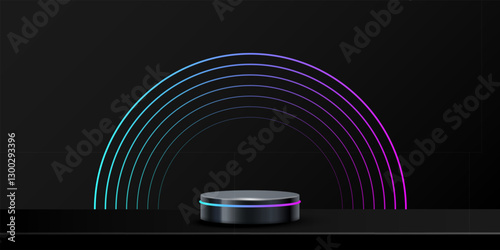 Black round podium with glow neon line and neon arch on black background. Product display stand background. Cosmetic showcase pedestal, platform, stage for product presentation. Vector illustration.