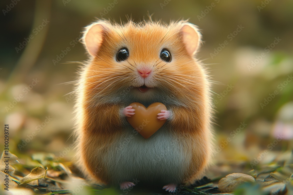 Cute hamster holds a heart-shaped treat in a natural outdoor setting during golden hour Cute hamster holds a heart-shaped treat in a natural outdoor setting during golden hour