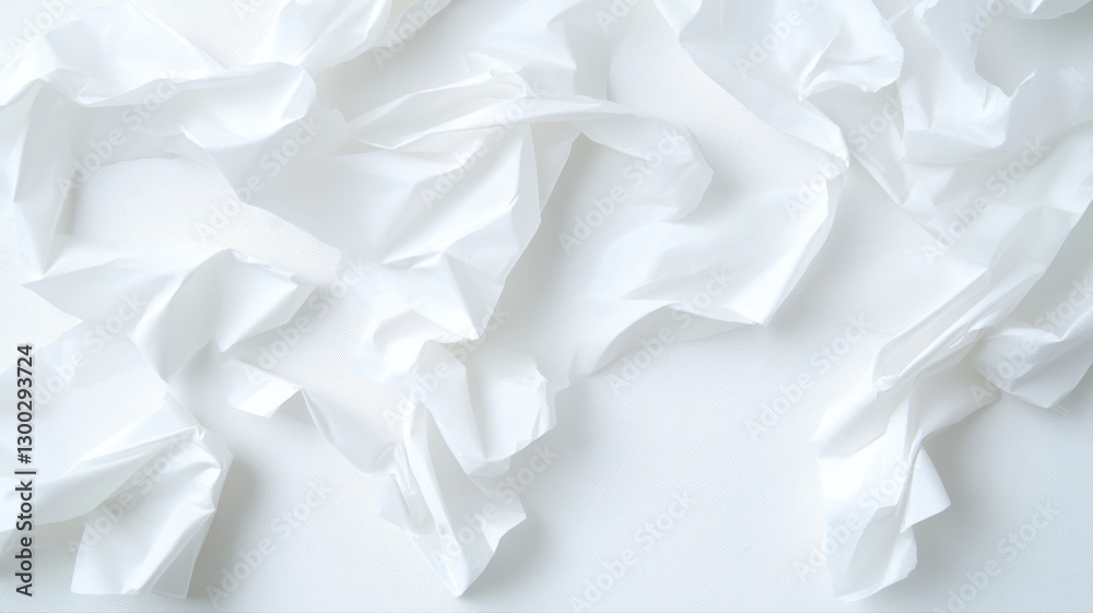 Obraz premium Crumpled white paper texture creating abstract patterns on a plain background.