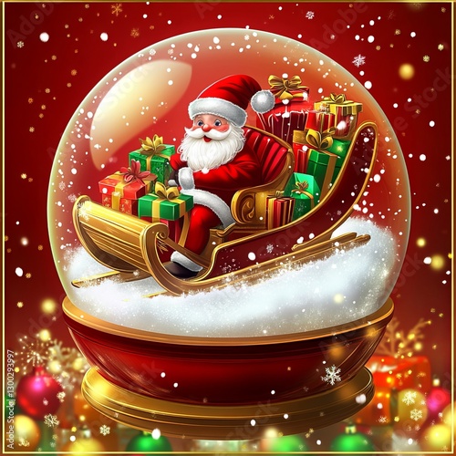 Santa's Festive Snow Globe: Delightful holiday scene featuring Santa Claus in a snow globe, seated in a sleigh filled with gifts, surrounded by twinkling lights, snowflakes. 