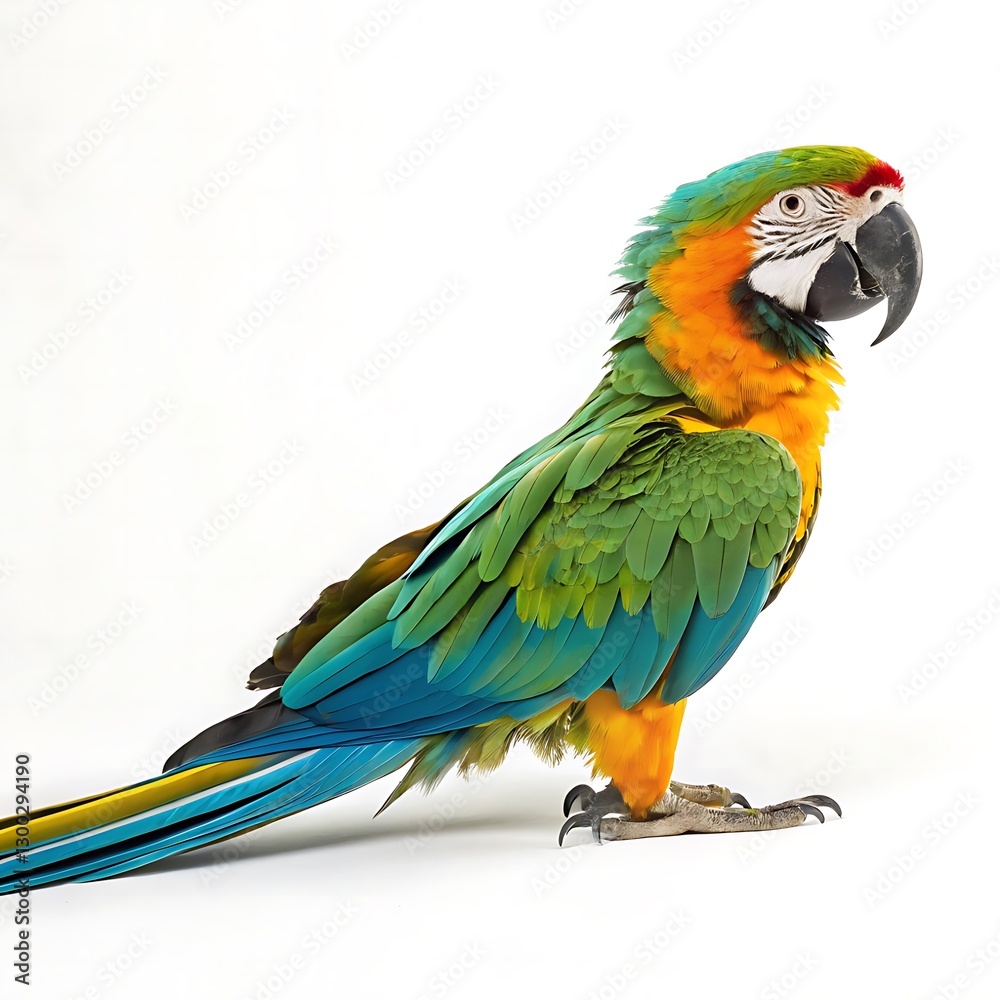 Obraz premium Vibrant blue, green, and yellow macaw parrot perched proudly with a stunning display of colorful feathers against a white background