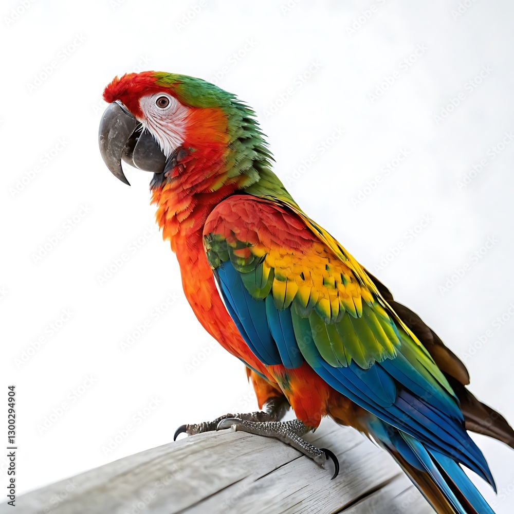 Beautiful scarlet macaw with red, green, and blue feathers perched on a branch, showcasing its bright colors and elegant profile Beautiful scarlet macaw with red, green, and blue feathers perched on a branch, showcasing its bright colors and elegant profile