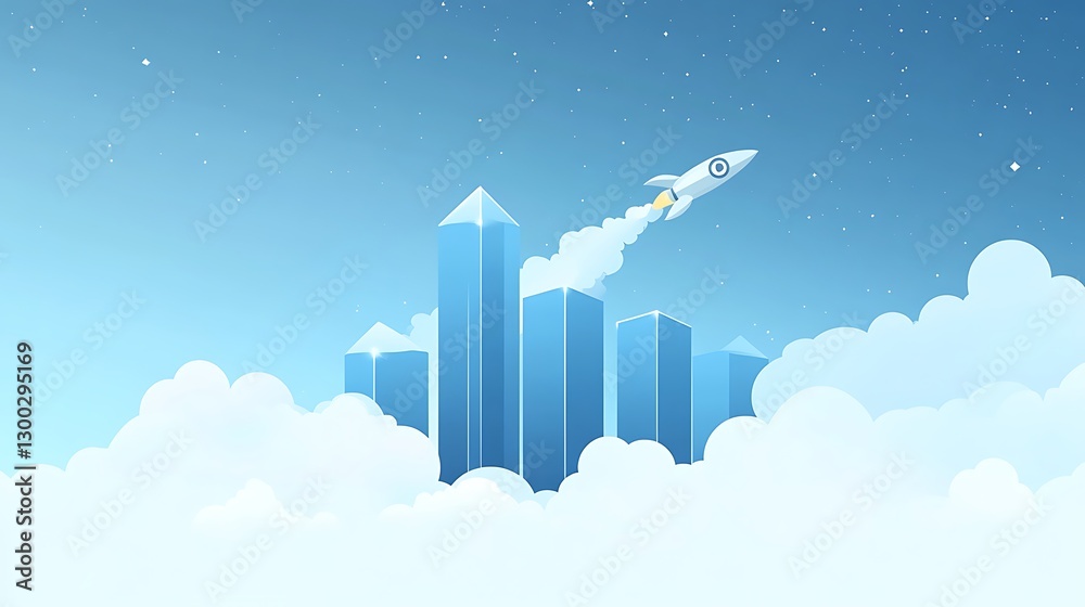Fototapeta premium Rocket Launching Over City Skyline Symbolizing Growth, A stylized illustration of a rocket launching above a city skyline with upward arrows