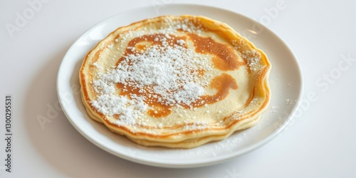 Freshly made pancake served on a clean white plate, dusted with a generous amount of sugar, stack, dessert, sweet